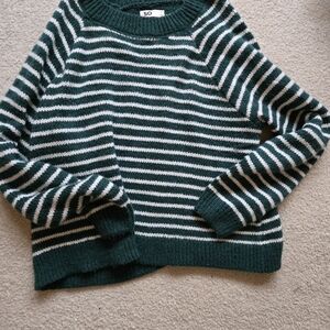 SO Women's Forest Green and White Striped Sweater